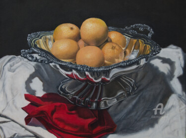 Painting titled "frutera con naranjas" by Sergio Zoso, Original Artwork, Oil Mounted on Wood Panel