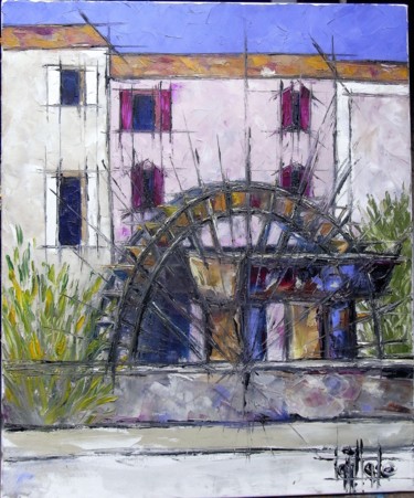 Peinture intitulée "roue-du-quai-lisle-…" par Estelle Taillade, Œuvre d'art originale, Huile
