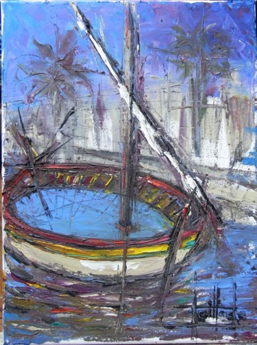 Peinture intitulée "bateau-en-soiree" par Estelle Taillade, Œuvre d'art originale, Huile