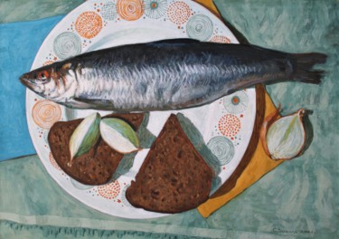 Картина под названием ""Хлеб и селедка"" - Сергей Зозуля, Подлинное произведение искусства, Гуашь