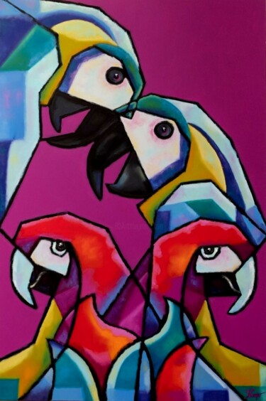 Schilderij getiteld "Parrots" door Zsolt Hanyu, Origineel Kunstwerk, Olie Gemonteerd op Frame voor houten brancard