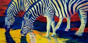 Painting titled "Zebras" by Carrie Everitt, Original Artwork, Oil