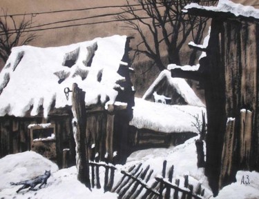 Dibujo titulada "Winter in village" por Aleksey Zuev, Obra de arte original