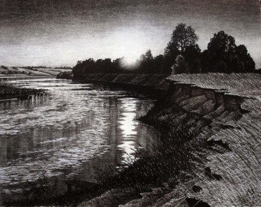 Рисунок под названием "Sunset over the riv…" - Aleksey Zuev, Подлинное произведение искусства