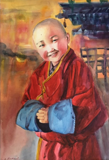 Painting titled "Little Monk" by Zulaa, Original Artwork, Watercolor