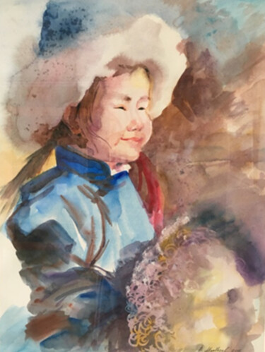 Painting titled "Mongolian Girl" by Zulaa, Original Artwork, Watercolor
