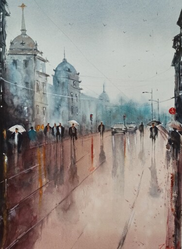 Painting titled "Bluish Evening" by Züleyha Aydoğdu, Original Artwork, Watercolor