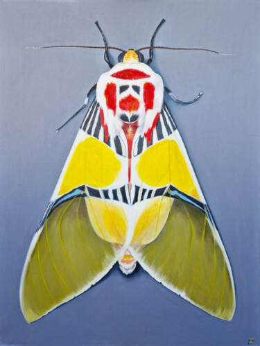 Painting titled "Tiger moth with Clo…" by Zulfiya Mukhamadeyeva, Original Artwork, Oil Mounted on Wood Stretcher frame
