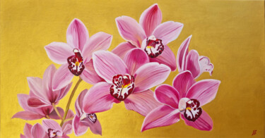 Painting titled "Burgundy Cymbidium…" by Zulfiya Mukhamadeyeva, Original Artwork, Oil Mounted on Wood Stretcher frame