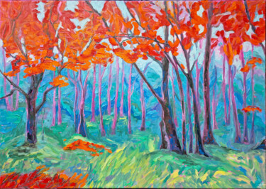 Painting titled "Red Forest" by Zulfiya Mukhamadeyeva, Original Artwork, Oil Mounted on Wood Stretcher frame
