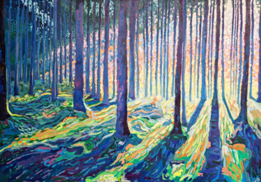 Painting titled "Forest Sunrise" by Zulfiya Mukhamadeyeva, Original Artwork, Oil Mounted on Wood Stretcher frame