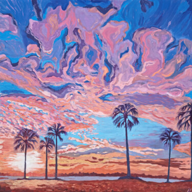 Painting titled "Palms Sky" by Zulfiya Mukhamadeyeva, Original Artwork, Oil Mounted on Wood Stretcher frame