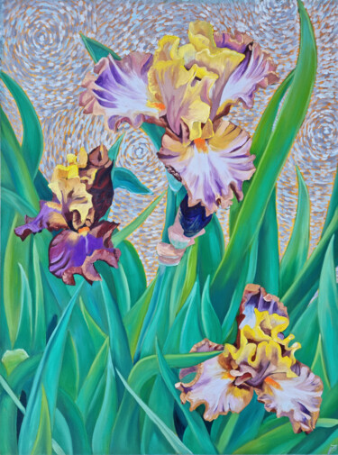 Painting titled "Party Rock Iris" by Zulfiya Mukhamadeyeva, Original Artwork, Oil Mounted on Wood Stretcher frame