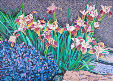 Painting titled "Copper Irises" by Zulfiya Mukhamadeyeva, Original Artwork, Oil Mounted on Wood Stretcher frame