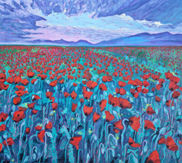 Painting titled "Poppy Field" by Zulfiya Mukhamadeyeva, Original Artwork, Oil Mounted on Wood Stretcher frame