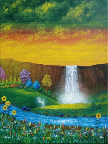 Painting titled "Angel at the waterf…" by Zuzana Šmehylová, Original Artwork, Oil