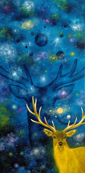 Malerei mit dem Titel "Golden deer" von Zuzana Šmehylová, Original-Kunstwerk, Öl