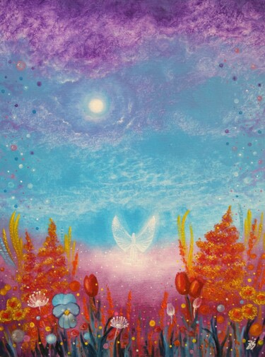 Painting titled "Angel on the meadow" by Zuzana Šmehylová, Original Artwork, Oil