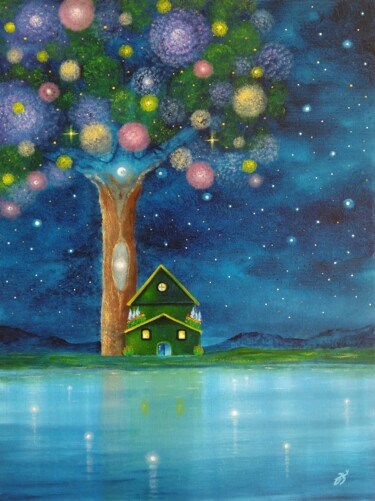 Painting titled "Space tree" by Zuzana Šmehylová, Original Artwork, Oil