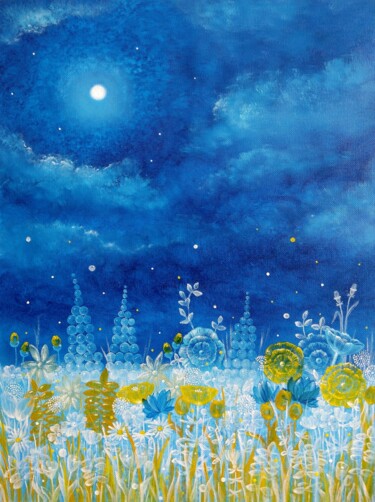 Painting titled "Meadow in fullmoon" by Zuzana Šmehylová, Original Artwork, Oil