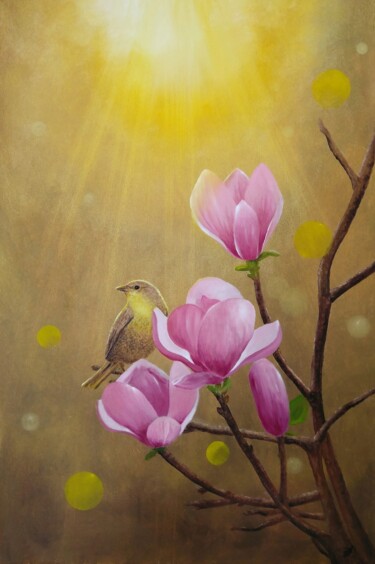 Pittura intitolato "Bird and magnolias" da Zuzana Šmehylová, Opera d'arte originale, Olio