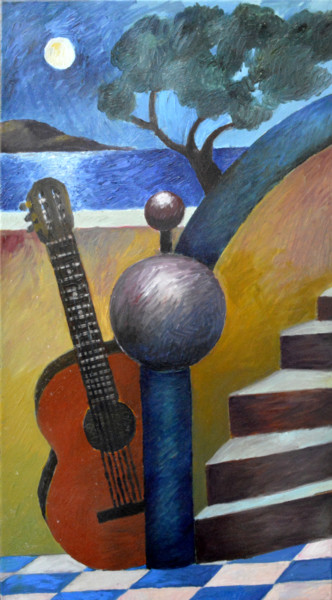 Ζωγραφική με τίτλο "Guitar in the moonl…" από Zygomalas, Αυθεντικά έργα τέχνης, Λάδι