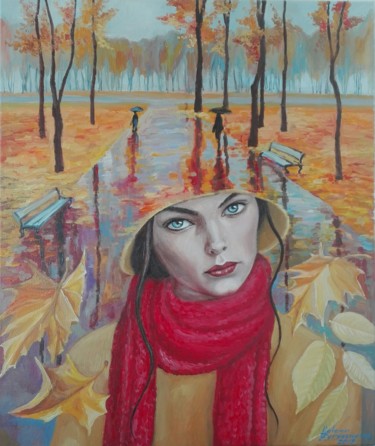 Peinture intitulée "Fall. Red scarf" par Helena Zyryanova, Œuvre d'art originale, Huile