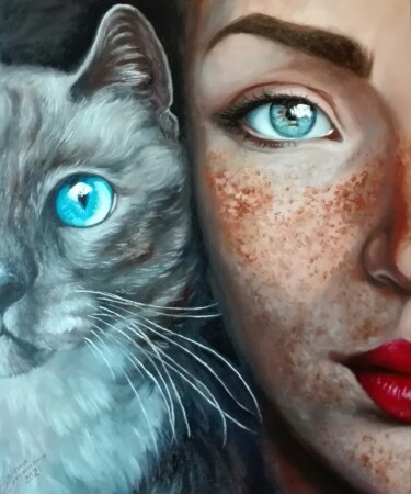 Peinture intitulée "Woman & cat" par Helena Zyryanova, Œuvre d'art originale, Huile