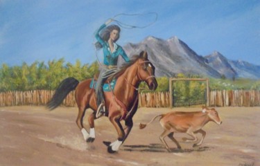 Painting titled "Cowgirl doing calf…" by Liubov Aristova, Original Artwork, Oil