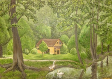 Pintura intitulada "House in forest" por Liubov Aristova, Obras de arte originais, Óleo