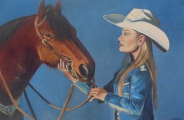 Painting titled "Cowgirl and her hor…" by Liubov Aristova, Original Artwork, Oil