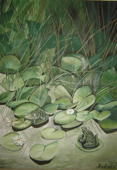 Painting titled "Frogs on the river" by Liubov Aristova, Original Artwork, Oil