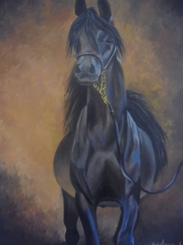 Картина под названием "Black Arabian horse" - Liubov Aristova, Подлинное произведение искусства, Масло