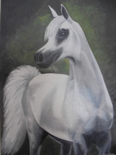 Painting titled "White Arabian horse" by Liubov Aristova, Original Artwork, Oil