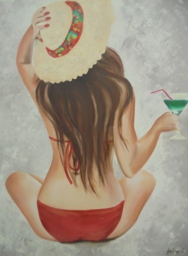 Painting titled "girl and her cockta…" by Liubov Aristova, Original Artwork, Oil