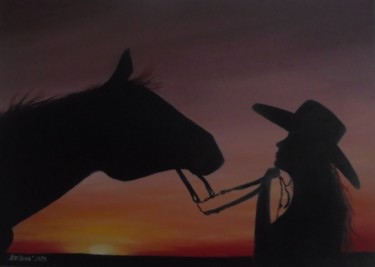 Malarstwo zatytułowany „cowgirl at sunset” autorstwa Liubov Aristova, Oryginalna praca, Olej