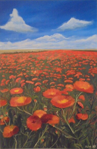 Painting titled "RED FLOWER FIELD" by Liubov Aristova, Original Artwork, Oil