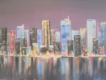 Painting titled "Manhattan by night" by Liubov Aristova, Original Artwork, Oil
