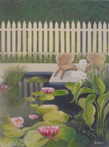 Painting titled "Pond Garden" by Liubov Aristova, Original Artwork, Oil