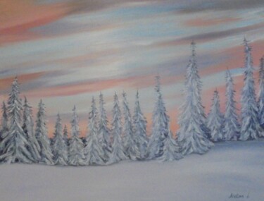 Painting titled "SNOW LANDSCAPE FORE…" by Liubov Aristova, Original Artwork, Oil