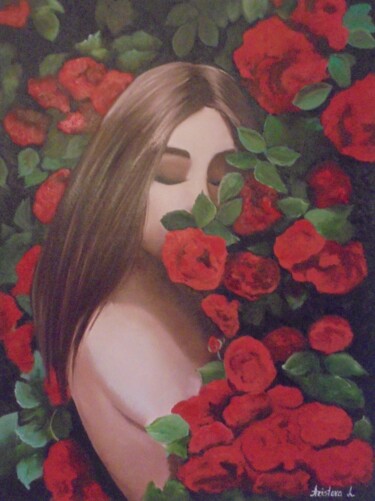 Painting titled "FLOWERGIRL" by Liubov Aristova, Original Artwork, Oil