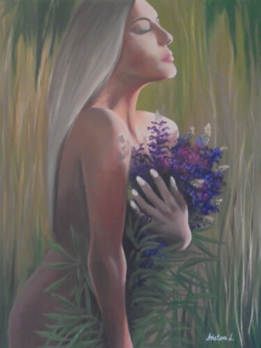 Painting titled "FLOWERGIRL 2" by Liubov Aristova, Original Artwork, Oil