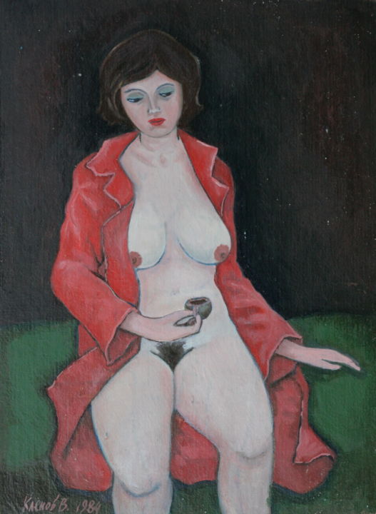 Malerei mit dem Titel "the-girl-in-the-red…" von Valerii Klenov, Original-Kunstwerk, Öl