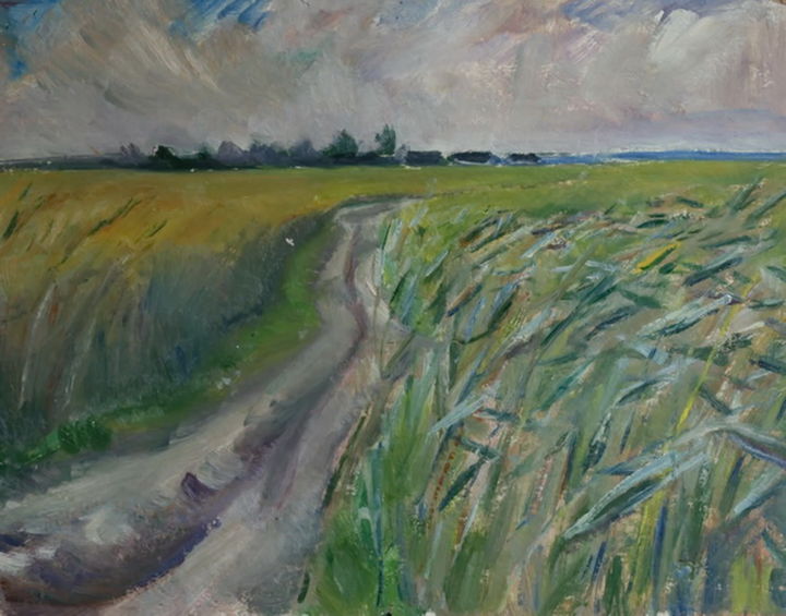 Pintura titulada "the-road-in-a-field" por Valerii Klenov, Obra de arte original, Oleo