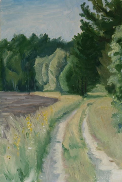 Painting titled "The road in the woo…" by Valerii Klenov, Original Artwork, Oil