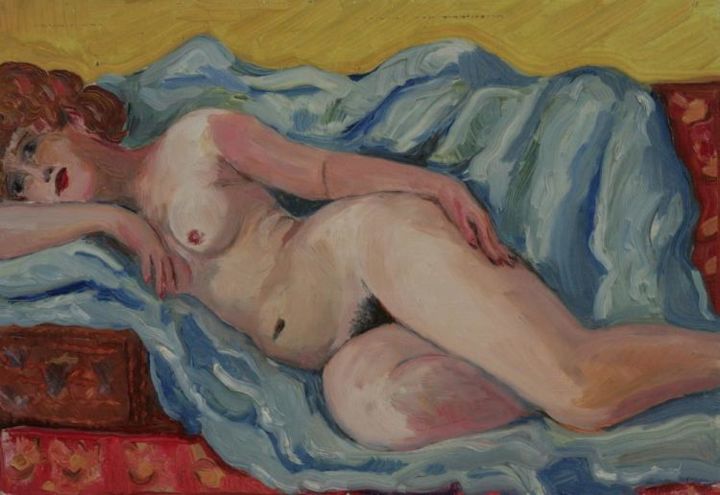 Painting titled "Mujer en azul manto" by Valerii Klenov, Original Artwork, Oil