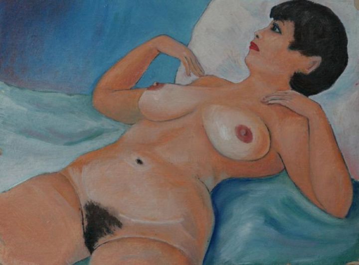 Painting titled "lying-on-the-blue-s…" by Valerii Klenov, Original Artwork, Oil
