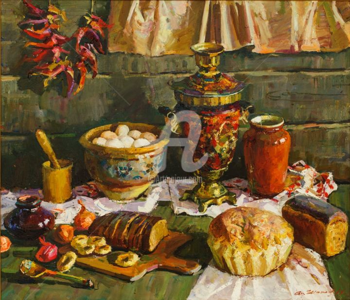 Картина под названием "Хлеба и самовар" - Анатолий Шаповалов, Подлинное произведение искусства, Масло