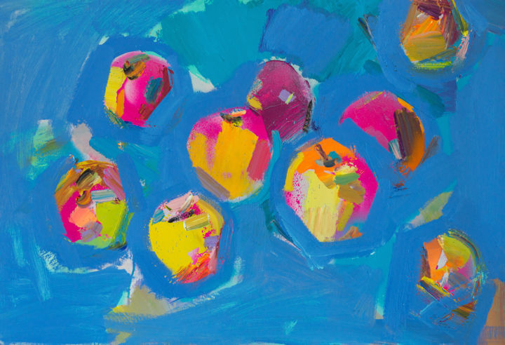 Schilderij getiteld "Яблоки на голубом" door Andrei Orlov, Origineel Kunstwerk, Olie