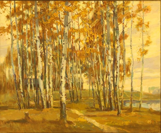 Peinture intitulée "Осенние березы" par Sergei Antonov, Œuvre d'art originale, Huile
